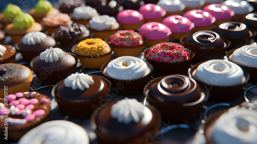 variety of beautifully decorated cupcakes with different toppings and icings, arranged neatly on a surface, showcasing a colorful assortment of sweets