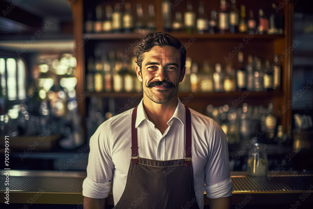 Portrait of handsome man in glasses standing at bar counter and smiling Portrait of handsome man in glasses standing at bar counter and smiling