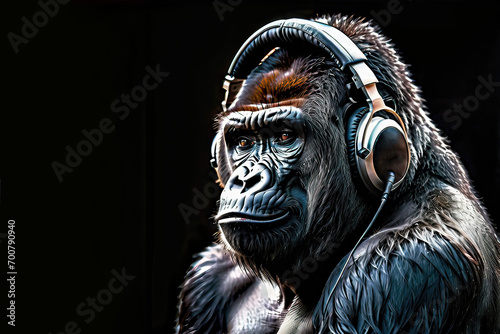 Gorilla wearing headphones isolated on black background. Listen to music. Cover for design of music releases, albums and advertising. Music lover background. DJ concept.