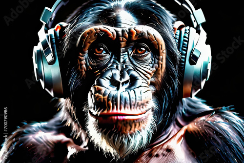 Chimpanzee wearing headphones isolated on black background. Listen to music. Cover for design of music releases, albums and advertising. Music lover background. DJ concept.