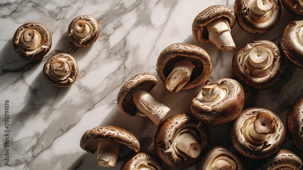 Fresh champignonsle background, top view. Healthy food