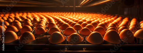 Many brown eggs are on a conveyor belt under a warm light, looking ready for packing or processing photo