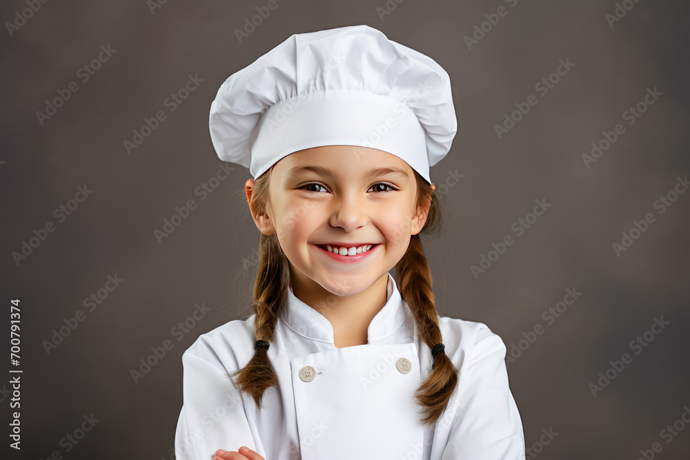 Portrait of a cute little girl dressed as a chef against gray background Portrait of a cute little girl dressed as a chef against gray background