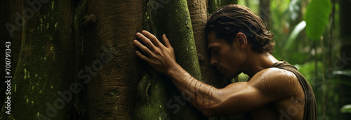 Man hugging a tree in the forest