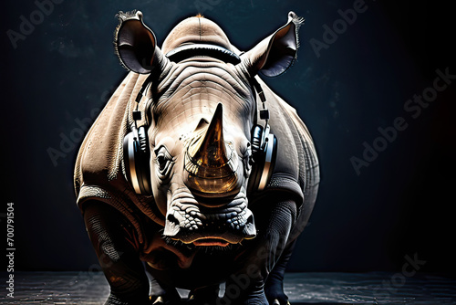 Rhinoceros with headphones isolated on black background. Listen to music. Cover for design of music releases, albums and advertising. Music lover background. DJ concept.