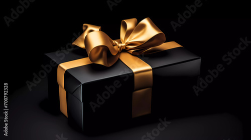 A black box with a gold ribbon and a bow on it's