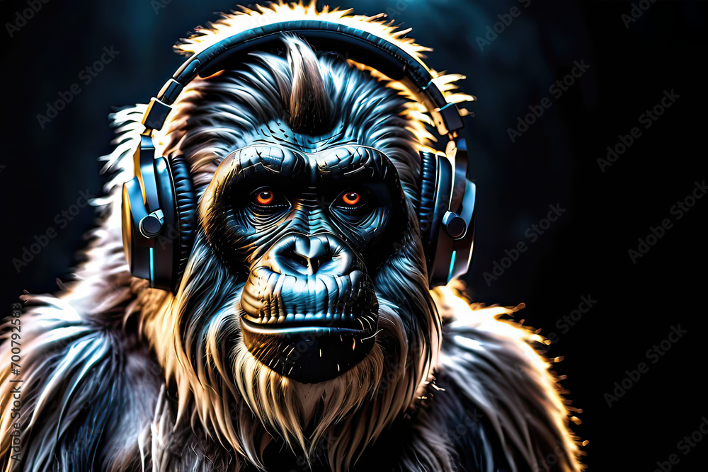 Bigfoot in headphones isolated on a black background. Listen to music. Cover for design of music releases, albums and advertising. Music lover background. DJ concept. Yeti Bigfoot in headphones isolated on a black background. Listen to music. Cover for design of music releases, albums and advertising. Music lover background. DJ concept. Yeti