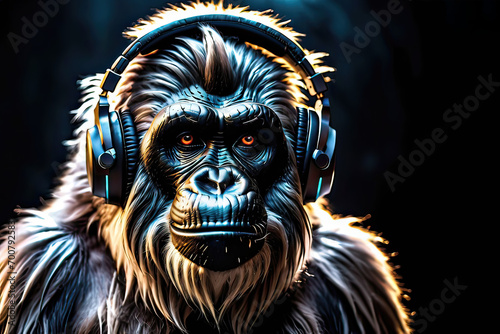Bigfoot in headphones isolated on a black background. Listen to music. Cover for design of music releases, albums and advertising. Music lover background. DJ concept. Yeti