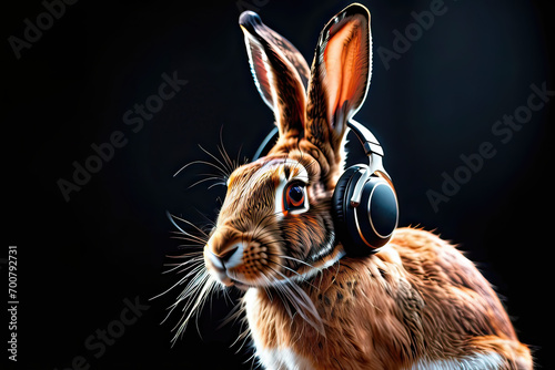 Hare in headphones isolated on a black background. Listen to music. Cover for design of music releases, albums and advertising. Music lover background. DJ concept. © dimdiz