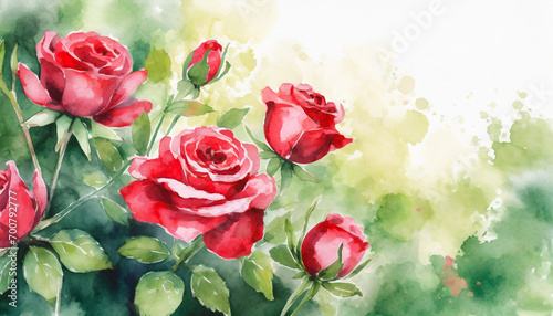 Fototapeta Naklejka Na Ścianę i Meble -  Red rose flowers in a garden, copy space on a side, watercolor art style