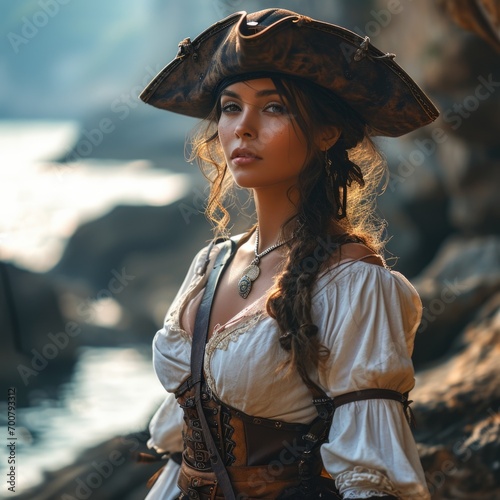 Fotótapéta Adventurous spirit: a female pirate of the Caribbean dons corsair clothing, sailing the high seas with swashbuckling style and a rebellious flair for maritime plunder and daring escapades