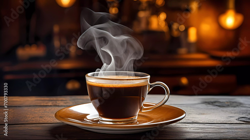 A cup of coffee with steam rising from it on a saucer on a table in a cafe or restaurant