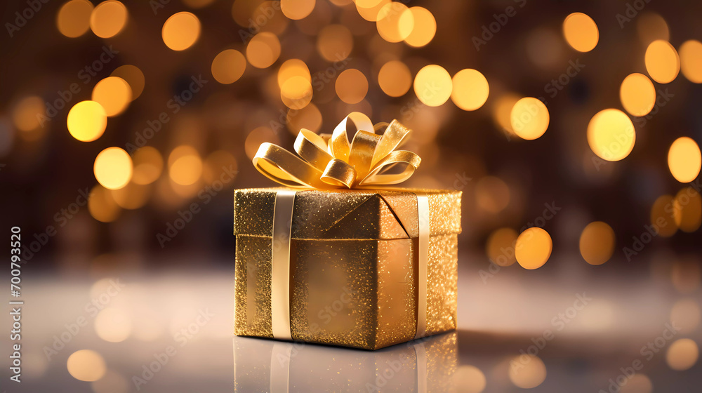 A gold gift box with a bow on a shiny surface with a boke of lights in the background A gold gift box with a bow on a shiny surface with a boke of lights in the background