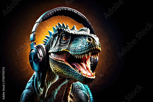 Tyrannosaurus with headphones isolated on a black background. Listen to music. Cover for design of music releases  albums and advertising. Music lover background. DJ concept.