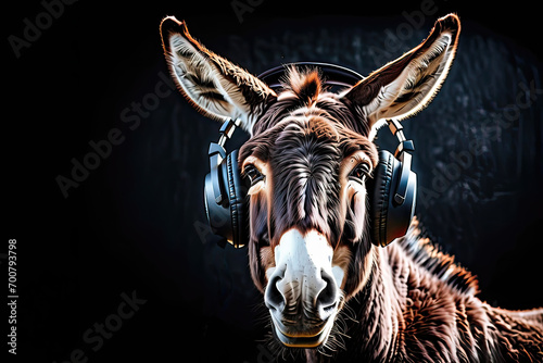 Donkey wearing headphones isolated on black background. Listen to music. Cover for design of music releases  albums and advertising. Music lover background. DJ concept.