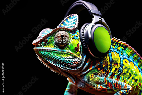 Chameleon reptile wearing headphones isolated on black background. Listen to music. Cover for design of music releases, albums and advertising. Music lover background. DJ concept.
