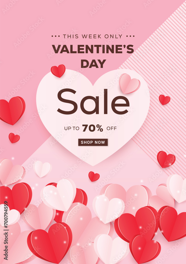 Valentine’s Day Paper Craft Sale Banner Template Store Discount Promotion With White Heart Shape Space 