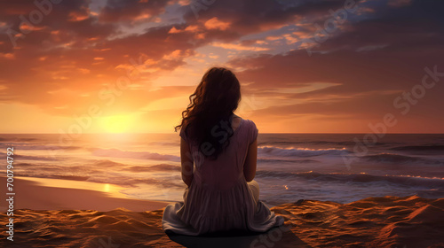 A person sitting on the beach watching the sunset over the ocean with the sun setting in the distance and the clouds in the sky
