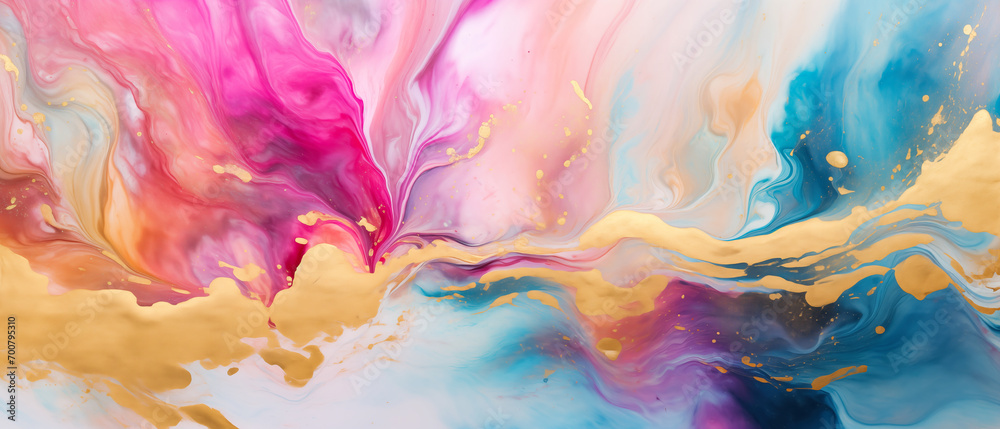 abstract background of acrylic paint in blue, pink and yellow colors
