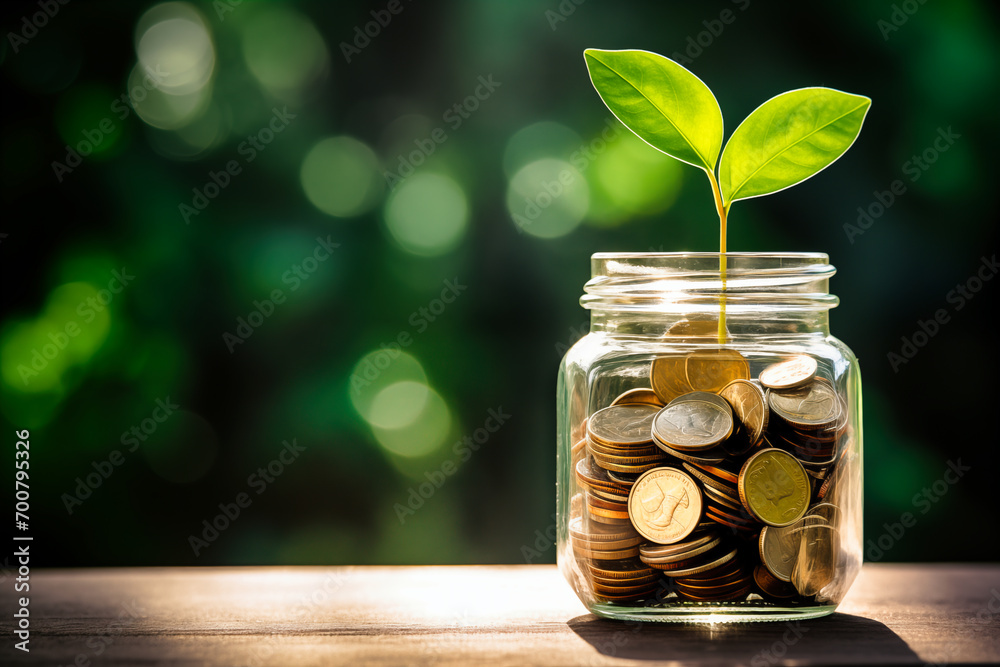 Plant growing out of coins in glass jar 
 - obrazy, fototapety, plakaty 