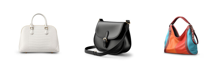 set collection of stylish women handbag purse, red and white leather, different colors and style, luxury elegant ladies hand bags isolated on white png transparent background