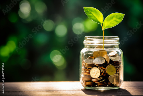 Plant growing out of coins in glass jar 