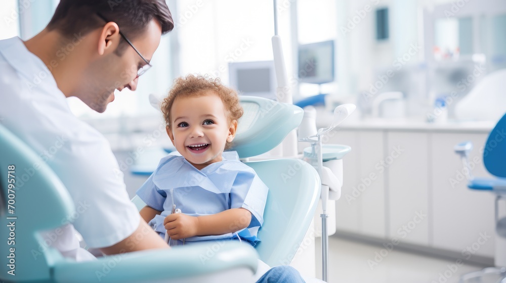 Boy patient child sitting in dentist chair smiling Boy patient child sitting in dentist chair smiling