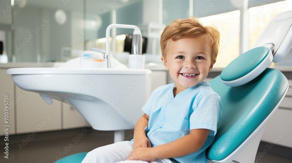 Boy patient child sitting in dentist chair smiling Boy patient child sitting in dentist chair smiling