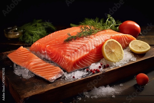 Large piece of fresh raw salmon fillet with lemon and herbs on a wooden cutting board. 