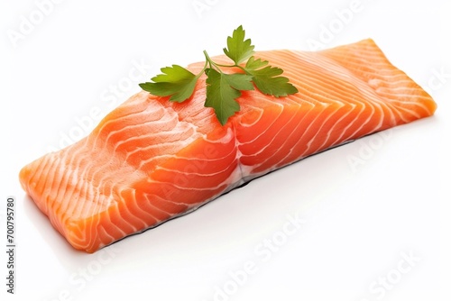 Fresh raw salmon. Salmon fillet with parsley on a white background, isolated