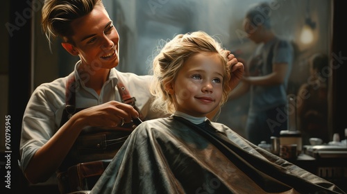 portrait of small girl child at hairdresser salon sitting in chair