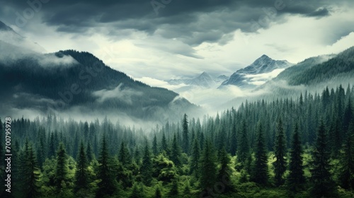 foggy forest mountain landscape with mist and summer trees