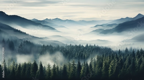 foggy forest mountain landscape with mist and summer trees © Barosanu