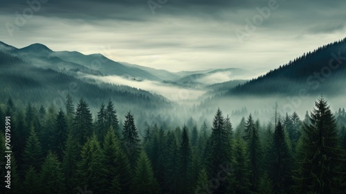 foggy forest mountain landscape with mist and summer trees © Barosanu