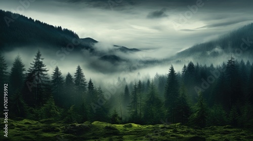 wet green forest with mist landscape in the mountains photo