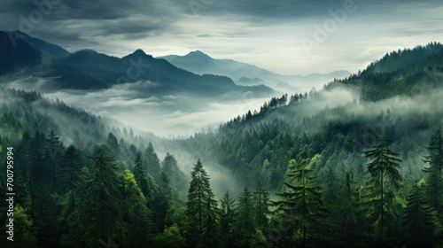wet green forest with mist landscape in the mountains photo