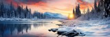 horizontal banner cover of snowy mountain range in winter with frozen river