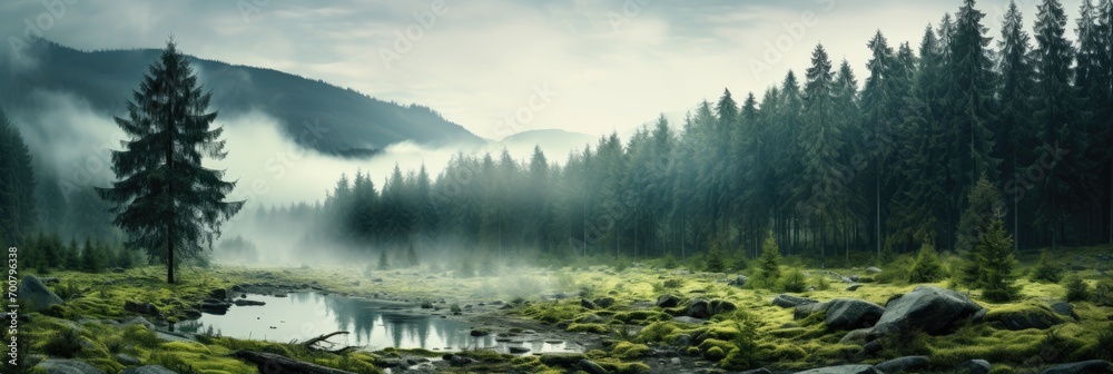 panorama banner of mountain landscape with river and green forest