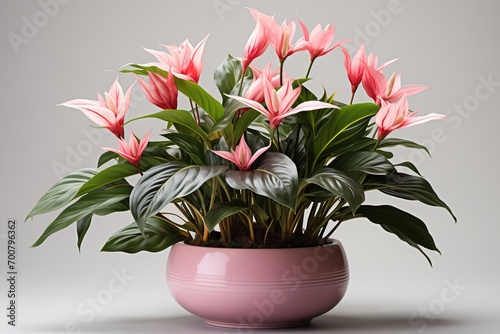 potted spathiphyllum in pink pot on gray background