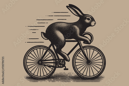 Hare rides a bicycle. Vintage retro engraving illustration. Black icon, isolated element	