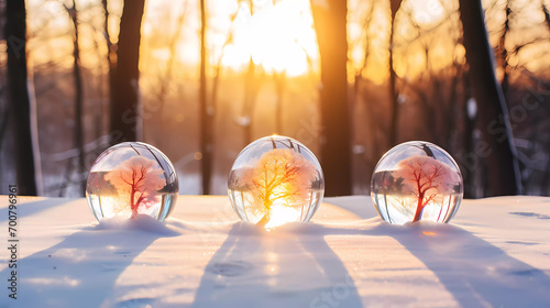 Three snow globes sitting in the snow with trees in them and a sun shining through the trees behind them photo