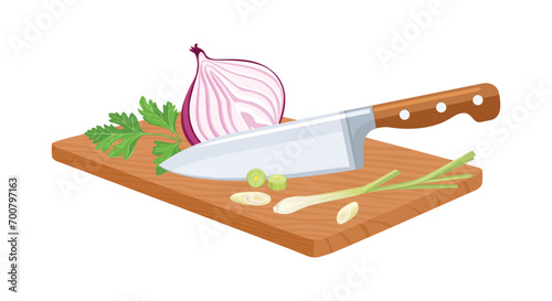 Sliced vegetables with knife on cutting board. Cooking concept. Vector cartoon illustration.