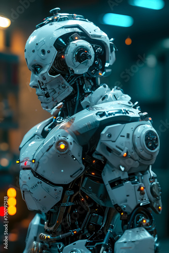 War man cyborg robot in a chemical laboratory, skull bone face, Cyberpunk, sci-fi, dark-fantasy, portrait volumetric lighting, concept art.