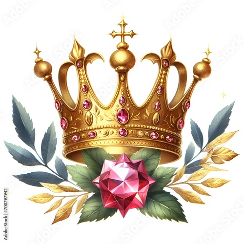 Golden crown with crystal gem watercolor paint for decor