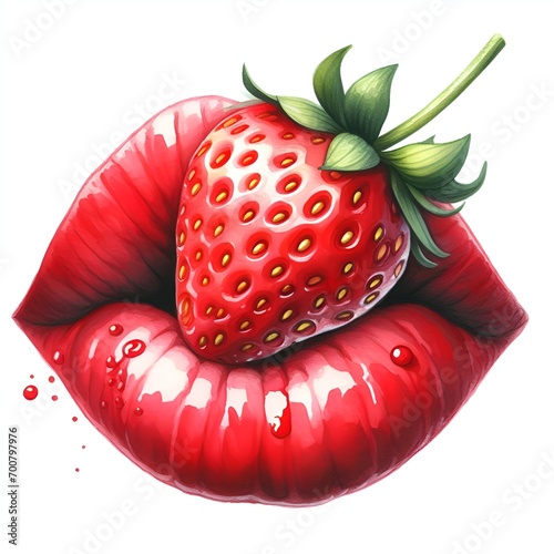 Red woman lips kiss with strawberry watercolor paint for love card decor photo