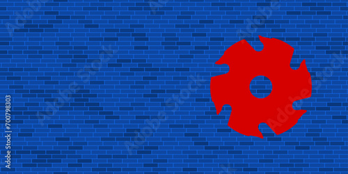 Blue Brick Wall with large red milling disc symbol. The symbol is located on the right, on the left there is empty space for your content. Vector illustration on blue background