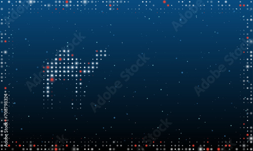 On the left is the camel symbol filled with white dots. Pointillism style. Abstract futuristic frame of dots and circles. Some dots is red. Vector illustration on blue background with stars
