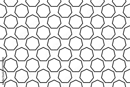 Seamless pattern completely filled with outlines of heptagon symbols. Elements are evenly spaced. Illustration on transparent background