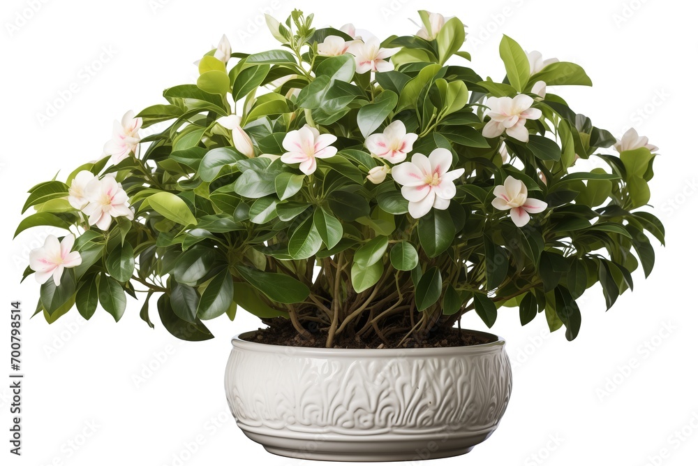 Madagascar periwinkle flowers in a pot isolated on white background Madagascar periwinkle flowers in a pot isolated on white background