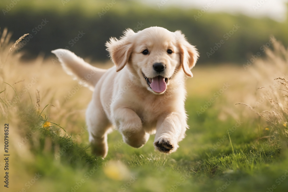 Golden retriever puppy running in a meadow Golden retriever puppy running in a meadow